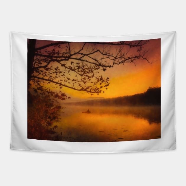 Foggy Sunrise Lake Going Fishing Tapestry by art64