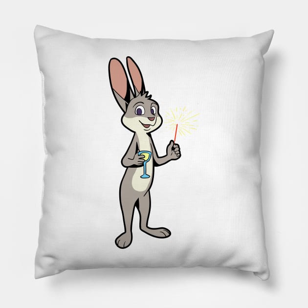 Bunny with sparkler and champagne - Happy New Year Pillow by Modern Medieval Design