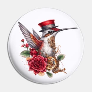 Steampunk Hummingbird with Red Hat and Clocks Pin