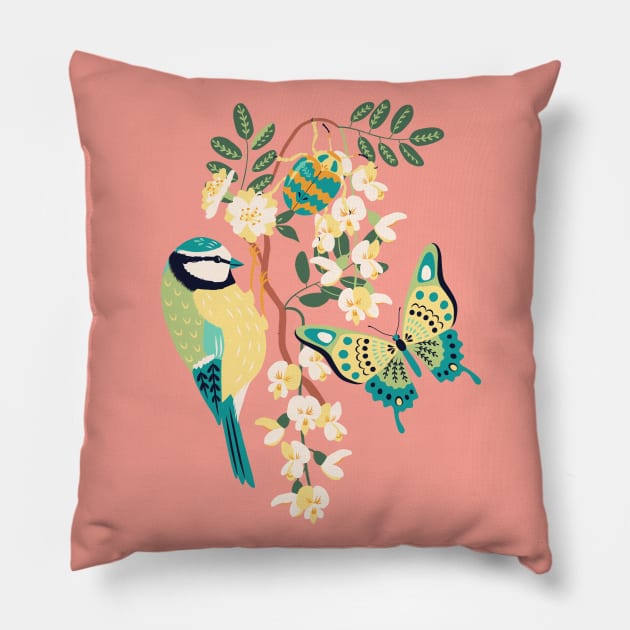 Blue Tit and Butterfly 1 Pillow by nadyabasos