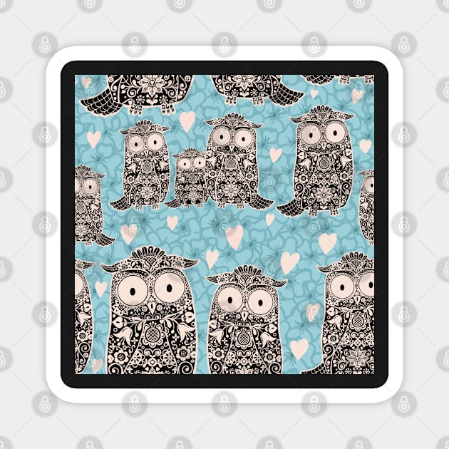 Folk Art Owls, Owlets and Hearts Pattern on Blue Magnet by NattyDesigns