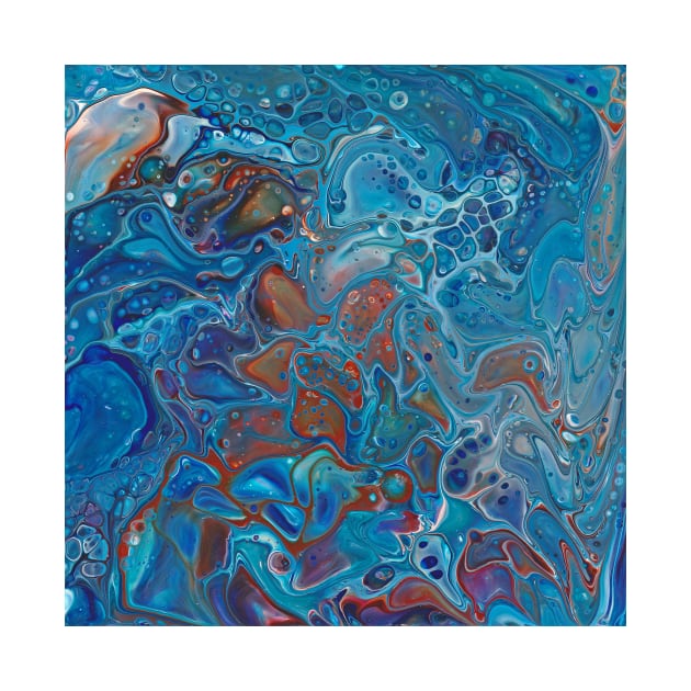 Paint pouring blue rust sienna mixed media by kittyvdheuvel