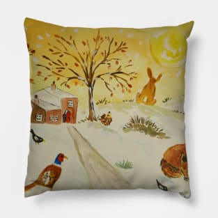 Fox, Hares and Pheasant in the Snow and Sun Pillow