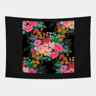 Elegant Pink watercolor Floral Bouquet Black Design Tapestry