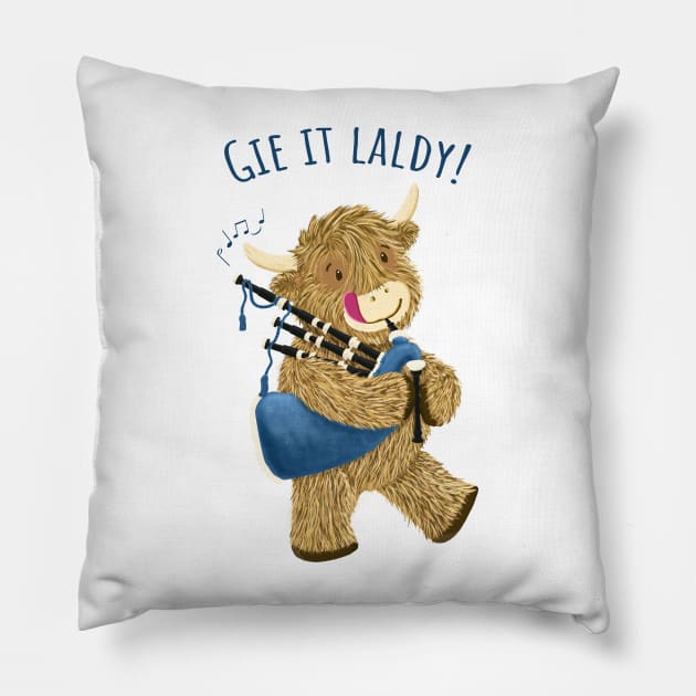 Wee Hamish Scottish Highland Cow And Bagpipes Says Gie It Laldy! Pillow by brodyquixote