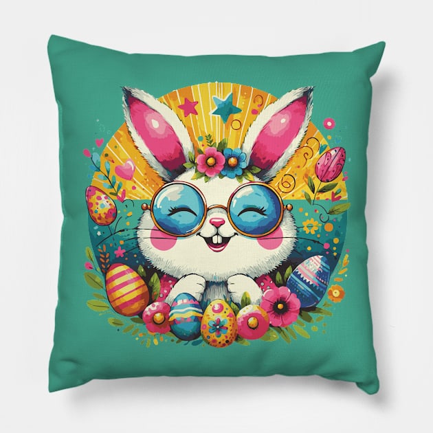 Happy Easter Groovy Retro Bunny Pillow by Heartsake