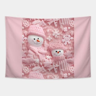 Funny Pink Snowmen Retro Chrismas Snowflakes Knitted Pattern Tapestry