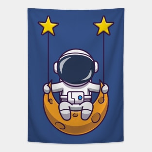 Cute Astronaut Swinging On Moon Cartoon Tapestry