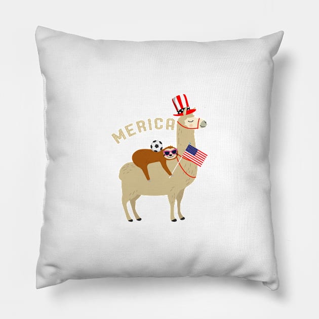 4th of July Soccer Player Gift Sloth Riding Llama Celebrating Amercia Independence Day Gift Pillow by kaza191