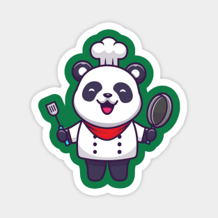 Cute Panda Chef Holding Pan And Spatula Cartoon Magnet