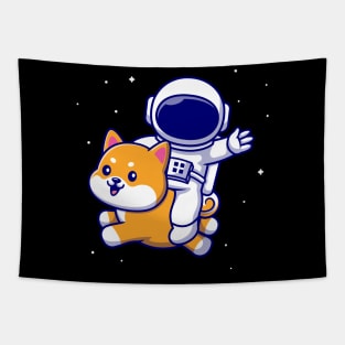 Cute Astronaut Flying With Shiba Inu Dog In Space Cartoon Tapestry