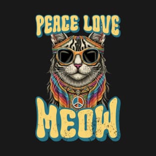 Peace Love Meow, Retro Groovy Style Hippie Cat Lover Design T-Shirt