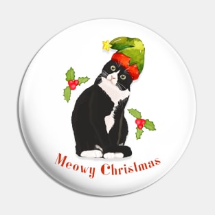 Meowy Christmas Cute Tuxedo Cat in Santa Hat Pin