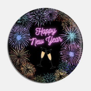 Happy New Year Fireworks and Champagne Flutes Pin