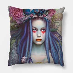 Blue Haired Voodoo Goddess Hippie Girl Pillow