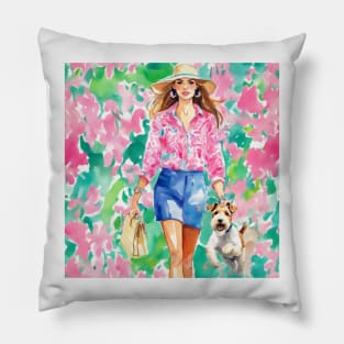 Preppy girl taking Fox Terrier for a walk Pillow