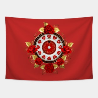 Clock with Red Roses Tapestry
