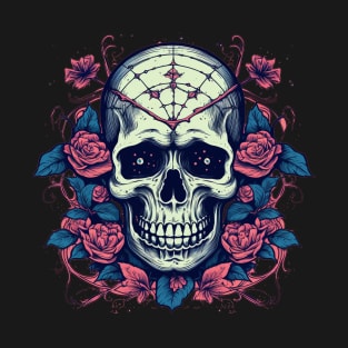 Dark Skull With Spider Webs and Flowers T-Shirt