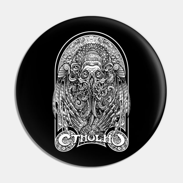 God Cthulhu White (Black Print) Pin by Miskatonic Designs