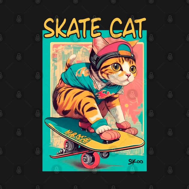 Skate Cat Vintage Tee, Funny Retro Animals on Skateboards by Printofi.com