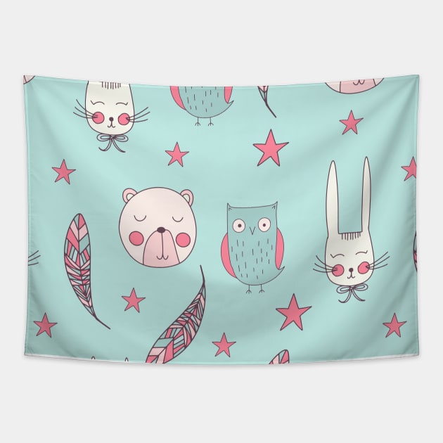 Cartoon Animals And Stars Pattern Art Tapestry by MariaStore