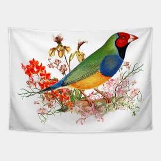 Red Head Gouldian Finch Standing Among Orchid Blossoms Tapestry