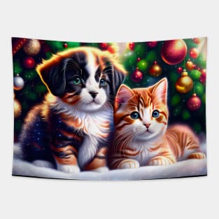 Cute puppy and cat under Christmas tree Tapestry