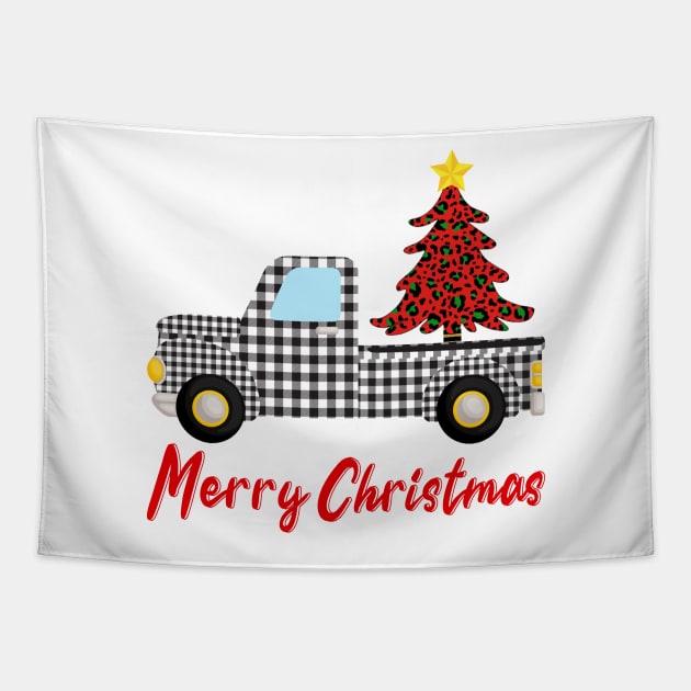 Merry Christmas Funny Buffalo Plaid Truck Tapestry by DragonTees