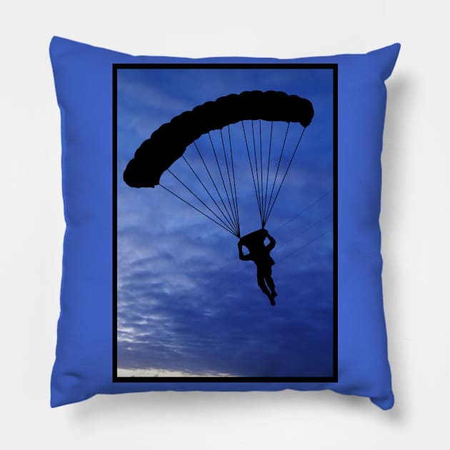 Parachuter Silhouette in Beautiful Blue Sky with a Black Border Pillow by Blue Butterfly Designs 