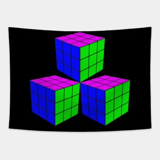 Three Rubik Cubes in a Triangle - Blue, Pink and Green Tapestry