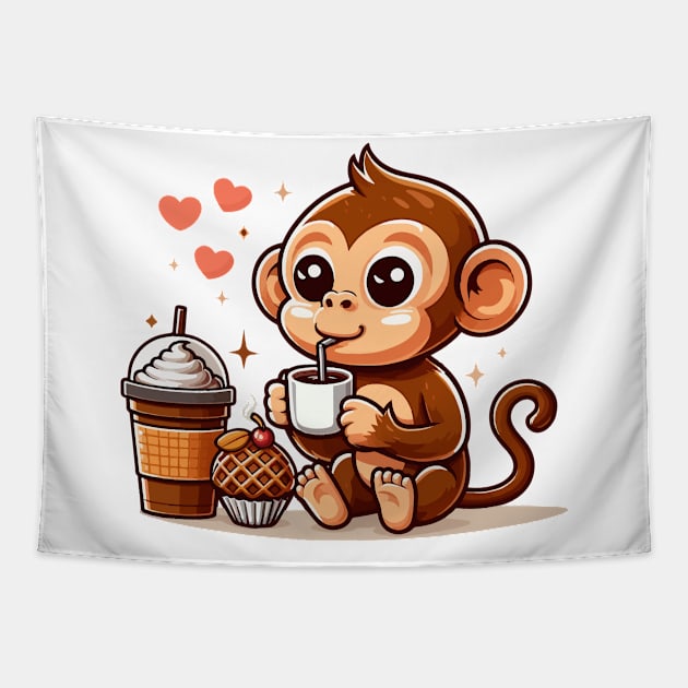 Cute Cafe Monkey Drinking Coffee Tapestry by rn-eshop