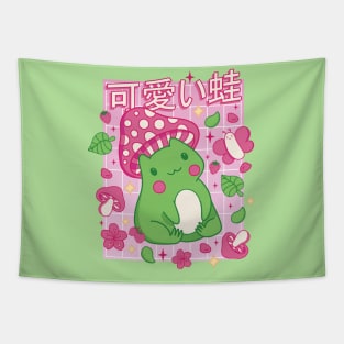 Cute Cottagecore Frog Kawaii Strawberry Green Aesthetic Tapestry