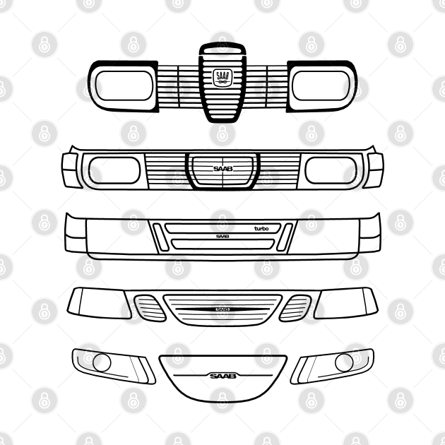 Saab evolution classic cars 1960s-2010s black outline graphic by soitwouldseem