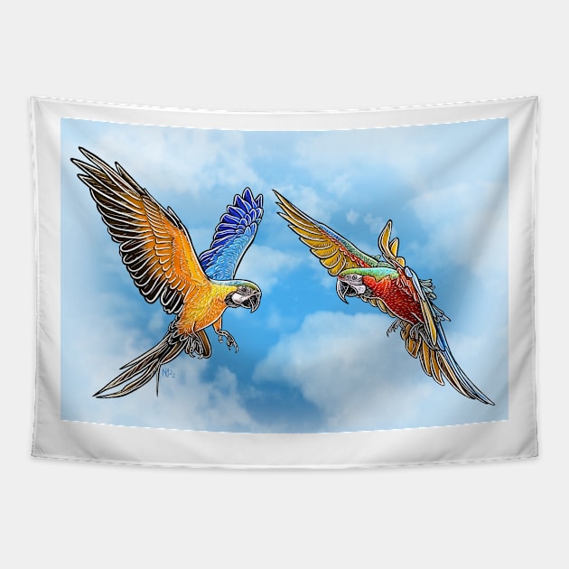 Straw Hat Parrots Luffy and Zoro: Cloud Background Tapestry by Straw Hat Parrots