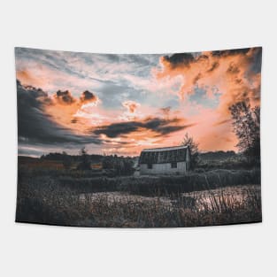 Dusk's Embrace: Barn, Grass, and Swamp Symphony V3 Tapestry