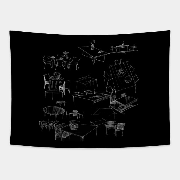 just chairs and tables interior sketch Tapestry by jorge_lebeau