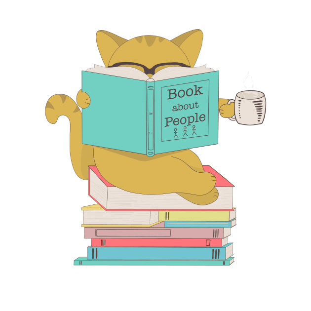 \Cat with glasses drinking coffee or tea and reading book about people by gogo-jr