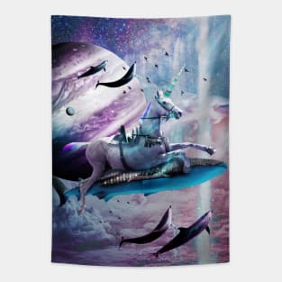 Unicorn Riding Shark In Space Tapestry