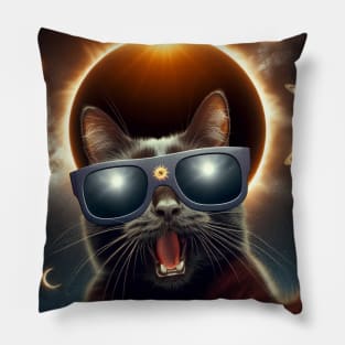 black cat taking a selfie with solar 2024 eclipse wearing Glasses Pillow