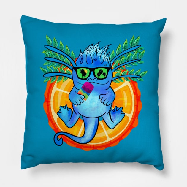 Kawaii Ice Blue Axolotl Jasper Vinyl Die Cut Sticker with Leafy Mane, Rainbow Popsicle, and Palm Tree Reflection Pillow by Ms. MillieLeeHarper