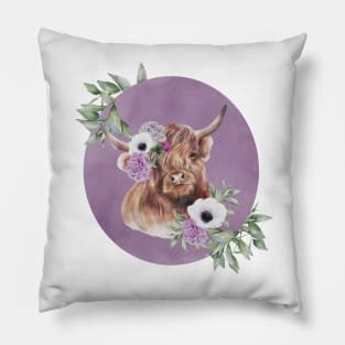Highland Cow with Flowers Pillow