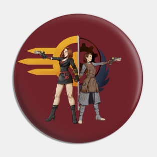 Beth & Odessa Hero Pose (with Logos) Pin