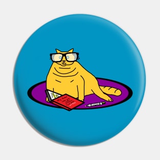 Funny Yellow Chonk Cat Wearing Glasses Reads Book Pin