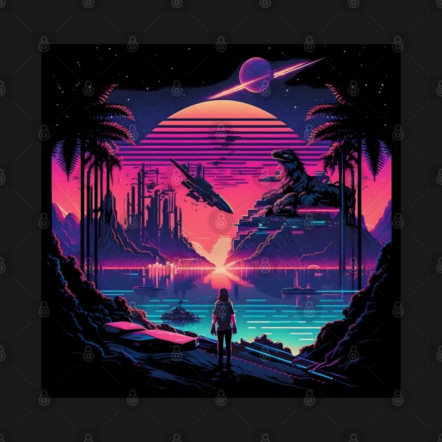 Synthwave cyberpunk woman looking at the sunset with mystery creature by SJG-digital