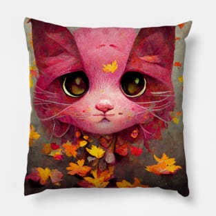 Beautiful pink cute Kitty play happy  On The Autumn leaves cat lovers gift Pillow