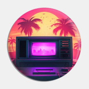 Retro Futuristic Computer Synthwave Sun And Palms Pin