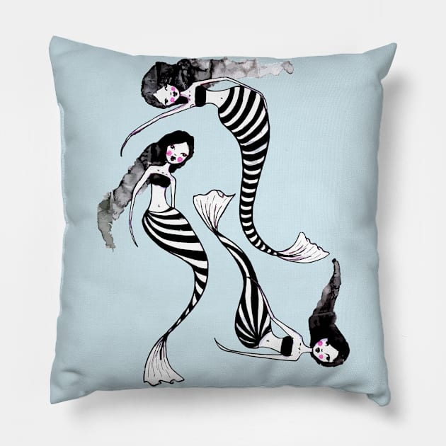 Drifting Along The Currents - Striped Mermaids 1 0f 2 Pillow by LittleMissTyne