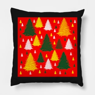 Gold green silver Christmas trees on red background Pillow