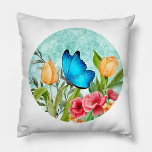 Blue butterfly flying in a garden Pillow