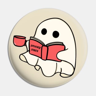 Cute Retro Halloween Ghost Reading Book And Drinking Coffee Pin